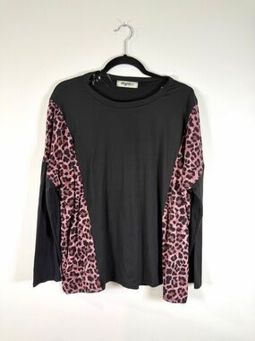 Haptics Black Long-Sleeve Top with Pink Leopard Panels
